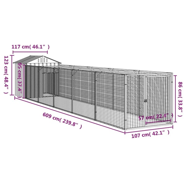 vidaXL Hundehus med tak lysegrå 117x609x123 cm galvanisert stål
