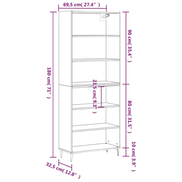 vidaXL Highboard grå sonoma 69,5x32,5x180 cm konstruert tre