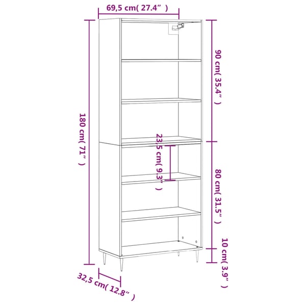 vidaXL Highboard betonggrå 69,5x32,5x180 cm konstruert tre