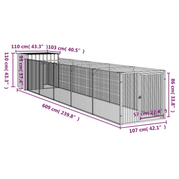 vidaXL Hundehus med gård antrasitt 110x609x110 cm galvanisert stål