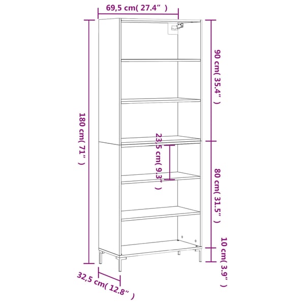 vidaXL Highboard betonggrå 69,5x32,5x180 cm konstruert tre