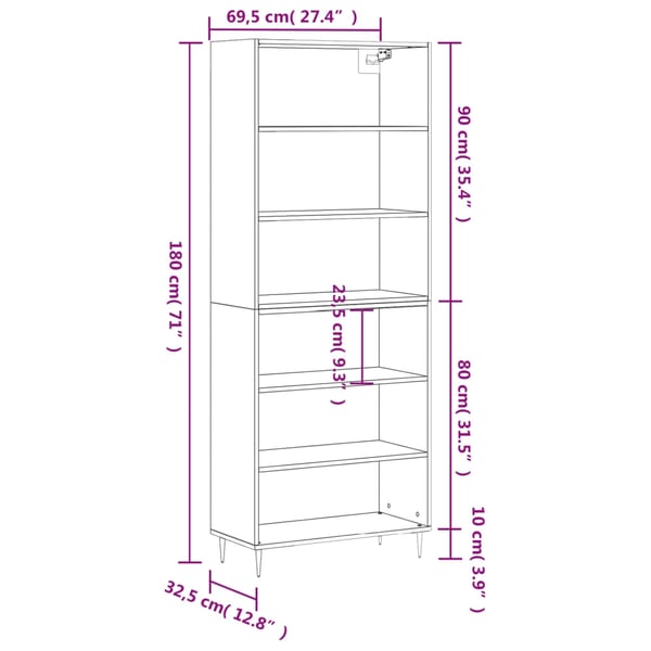 vidaXL Highboard grå sonoma 69,5x32,5x180 cm konstruert tre