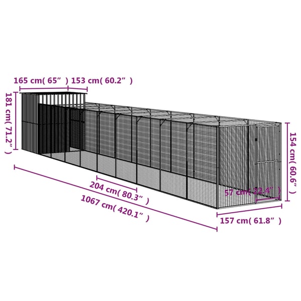 vidaXL Hundehus med gård antrasitt 165x1067x181 cm galvanisert stål
