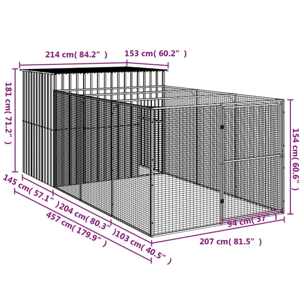vidaXL Hundehus med tak lysegrå 214x457x181 cm galvanisert stål