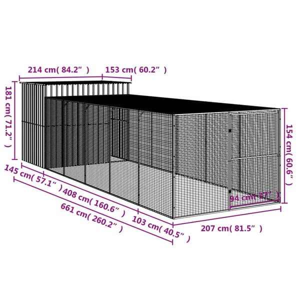 vidaXL Koirankoppi/ulkotila v.harmaa 214x661x181 cm galvanoitu teräs