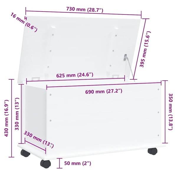 vidaXL Oppbevaringskiste med hjul ALTA hvit 73x39,5x43 cm heltre furu