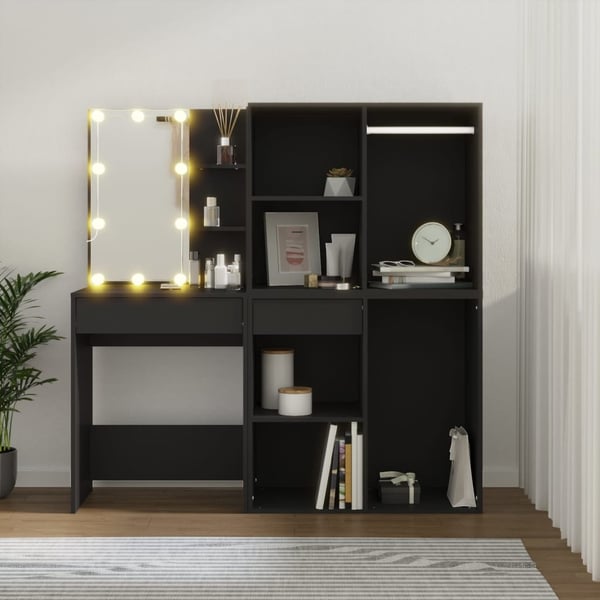 vidaXL makeupbord med LED-lys og skabe konstrueret træ sort