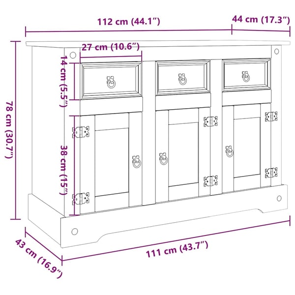 vidaXL skænk Corona 112x43x78 cm massivt mexicansk fyrretræ brun