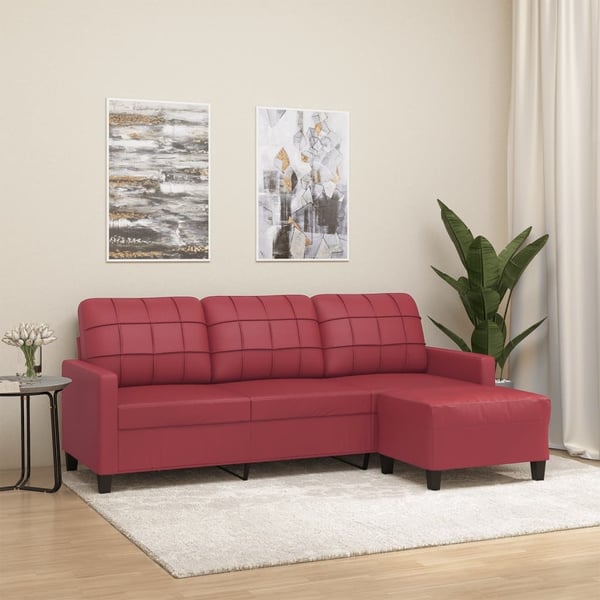 vidaXL 3-personers sofa med fodskammel 180 cm kunstlæder vinrød