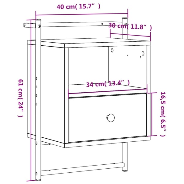 vidaXL Nattbord veggmontert røkt eik 40x30x61 cm konstruert tre