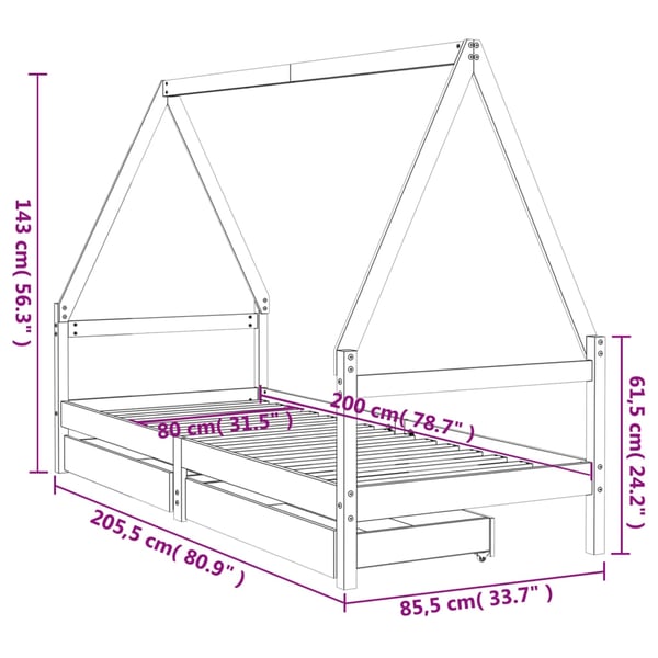 vidaXL sengeramme til juniorseng m. skuffer 80x200 cm massivt fyr hvid