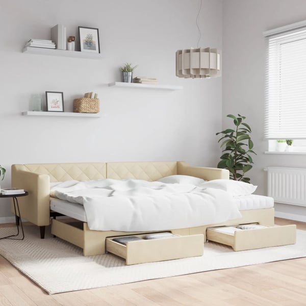 vidaXL daybed med udtræk og skuffer 90x200 cm stof cremefarvet