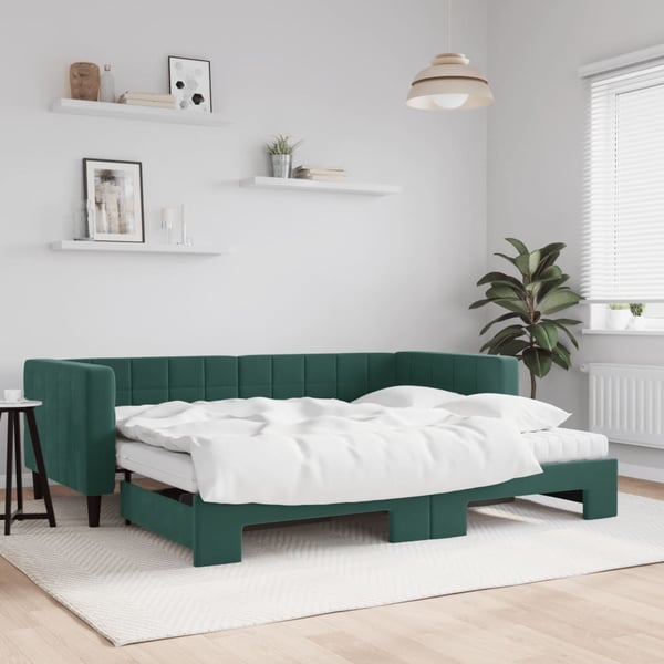 vidaXL daybed med udtræk og madras 90x200 cm velour mørkegrøn