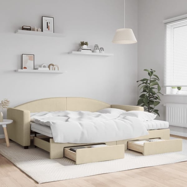 vidaXL daybed med udtræk og skuffer 90x200 cm stof cremefarvet