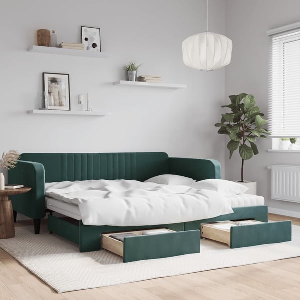 vidaXL daybed med udtræk og skuffer 100x200 cm velour mørkegrøn
