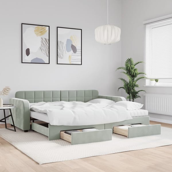 vidaXL Dagbädd utdragbar med lådor ljusgrå 90x190 cm sammet