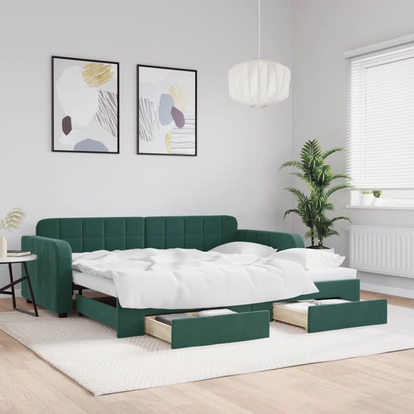 vidaXL daybed med udtræk og skuffer 90x200 cm velour mørkegrøn