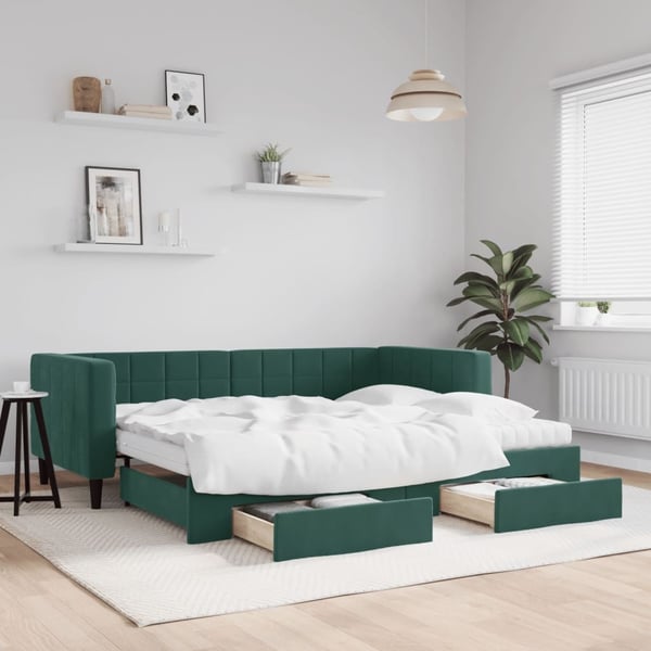 vidaXL daybed med udtræk og skuffer 90x200 cm velour mørkegrøn