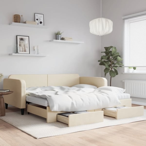 vidaXL daybed med udtræk og skuffer 100x200 cm stof cremefarvet