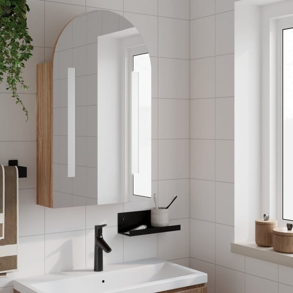 vidaXL Baderomsspeilskap med LED-lys buet eik 42x13x70 cm