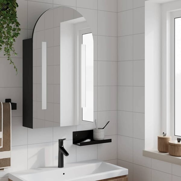 vidaXL Baderomsspeilskap med LED-lys buet svart 42x13x70 cm