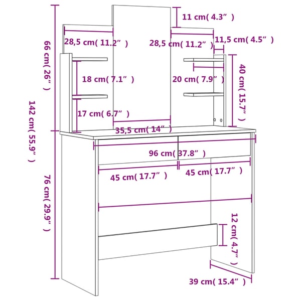 vidaXL Sminkebord med speil hvit 96x39x142 cm