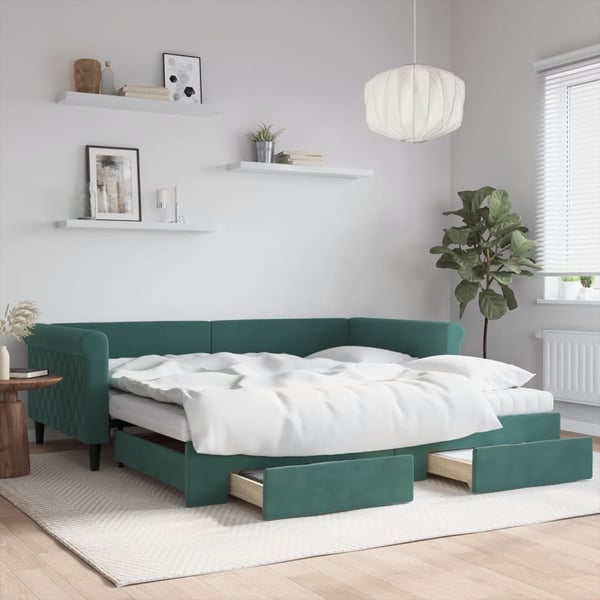 vidaXL daybed med udtræk og skuffer 100x200 cm velour mørkegrøn