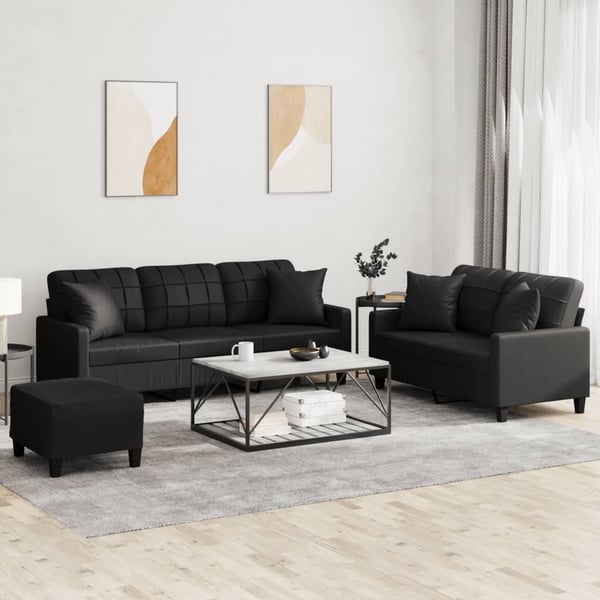 vidaXL sofasæt 3 dele med puder kunstlæder sort