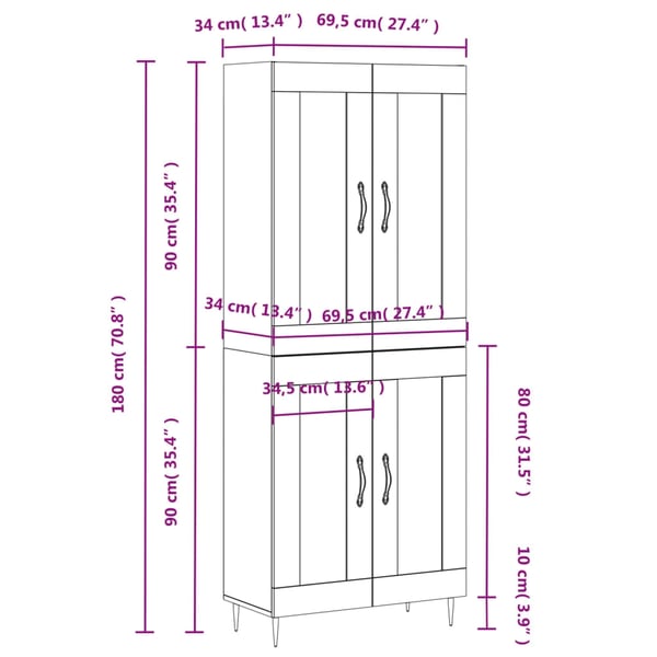 vidaXL Highboard røkt eik 69,5x34x180 cm konstruert tre