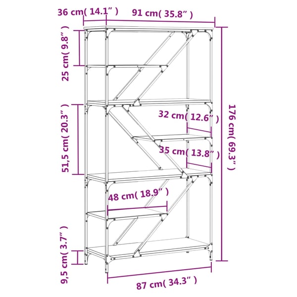 vidaXL Bokhylle røkt eik 91x36x176 cm konstruert tre og jern