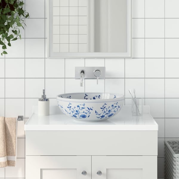 vidaXL Benkeservant hvit og blå rund Φ41x14 cm keramikk