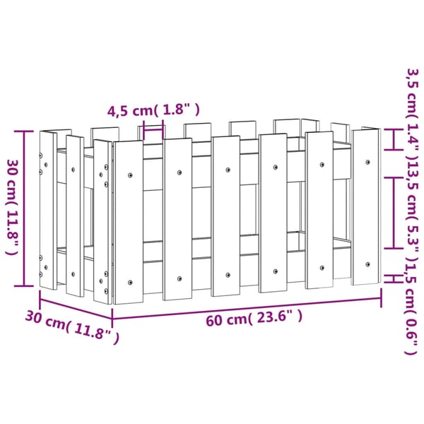 vidaXL Plantekasse med gjerdedesign hvit 60x30x30 cm heltre furu