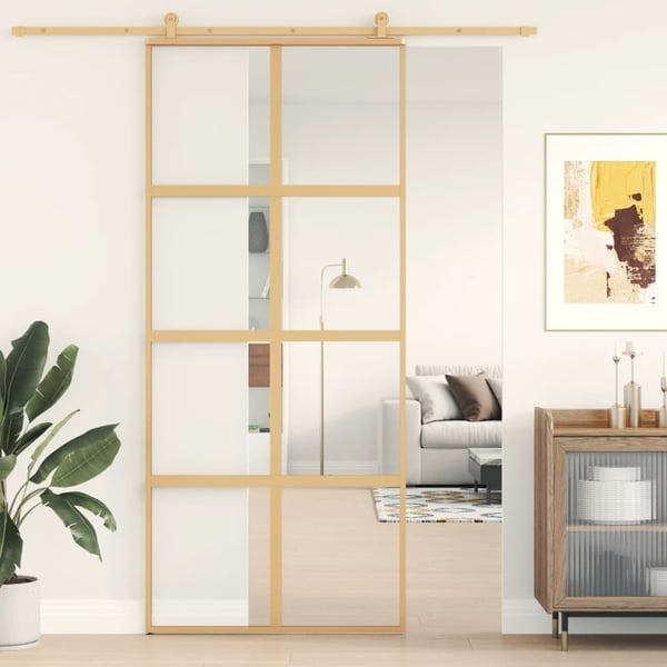 vidaXL skydedør 90x205 cm klart sikkerhedsglas og aluminium guldfarvet