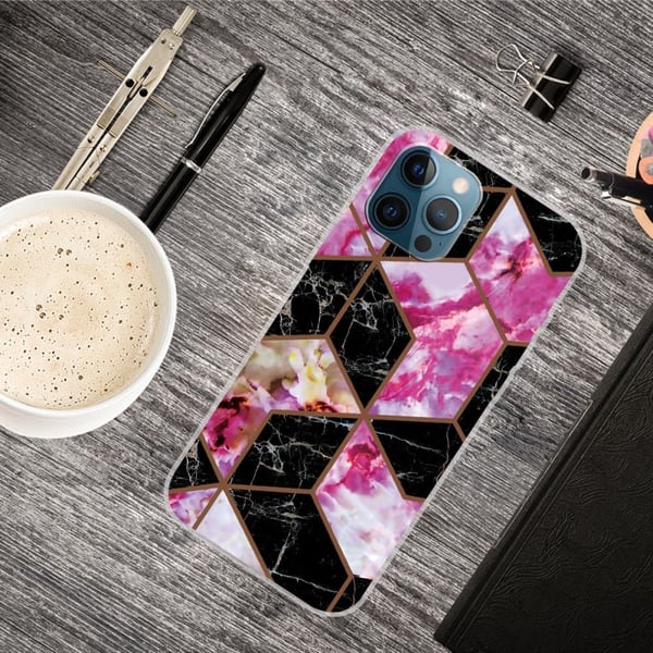 Marble iPhone 15 Plus Etui - Svart og Rose Klinkekule