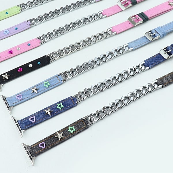 Apple Watch Series 9 41 mm ekte lær med metallkjederem - Rosa / Svart