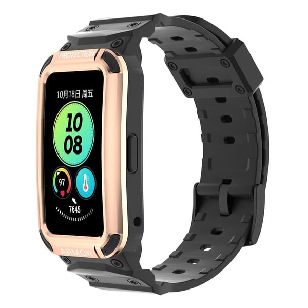 Huawei Band 8 / 7 / 6 hihna suojakuorella - Ruusukulta + Musta Huawei Band 8 / 7 / 6 hihna suojakuorella - Ruusukulta + Musta