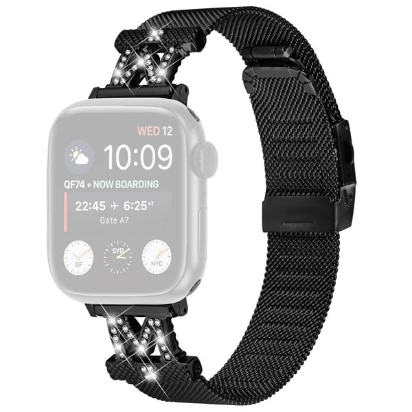 Apple Watch Series 9 45 mm / Ultra 2 strassdekorert rustfritt stålrem med kontakt - Svart