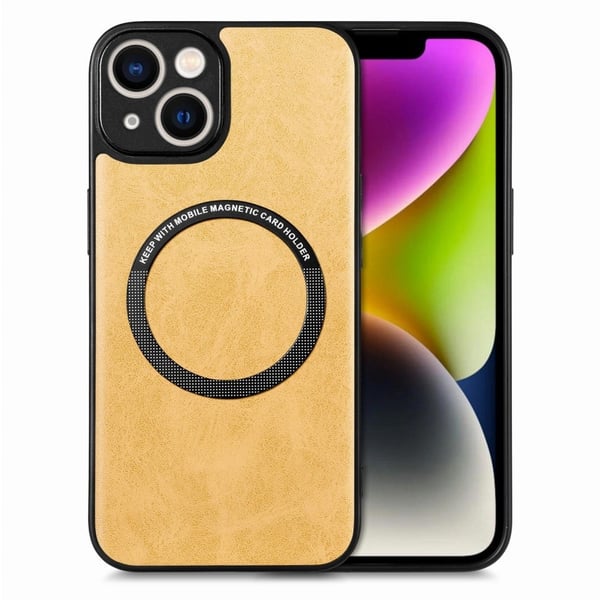 Magnetisk PU-telefonveske i lær med metallplate for iPhone 15 - Gul