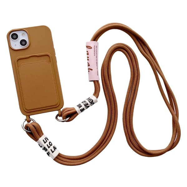 iPhone 15 Plus-etui med kortspor i flytende silikon med stropp - Brun
