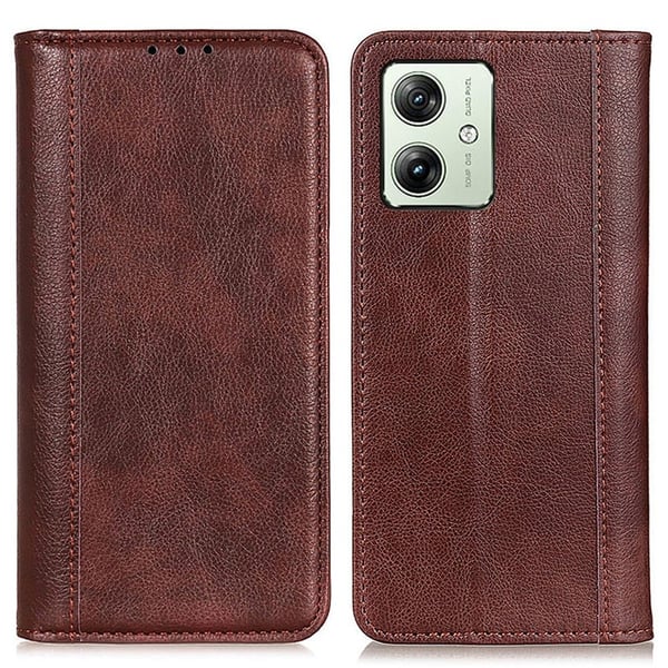 Ekte lærdeksel med magnetisk lukking for Motorola Moto G54 - Brun