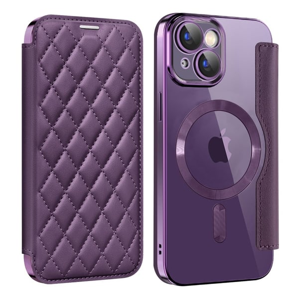 Rosa RFID-blokkerende læretui med linsefilm for iPhone 15 - Lilla