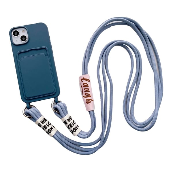 iPhone 15 Plus-etui med kortspor i flytende silikon med stropp - Marineblå