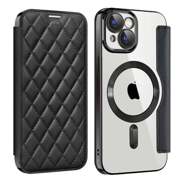 Rosa RFID-blokkerende læretui med linsefilm for iPhone 15 - Svart