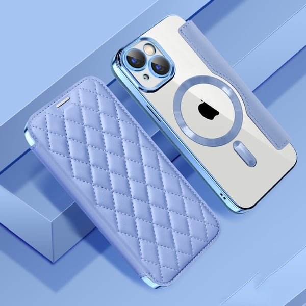 Rosa RFID-blokkerende læretui med linsefilm for iPhone 15 - Babyblå