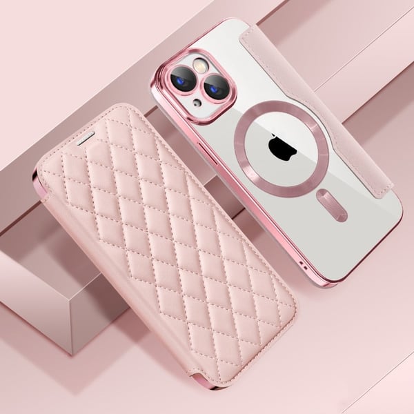 iPhone 15 Plus RFID-blokkerende lærveske med objektivfilm - Rosa