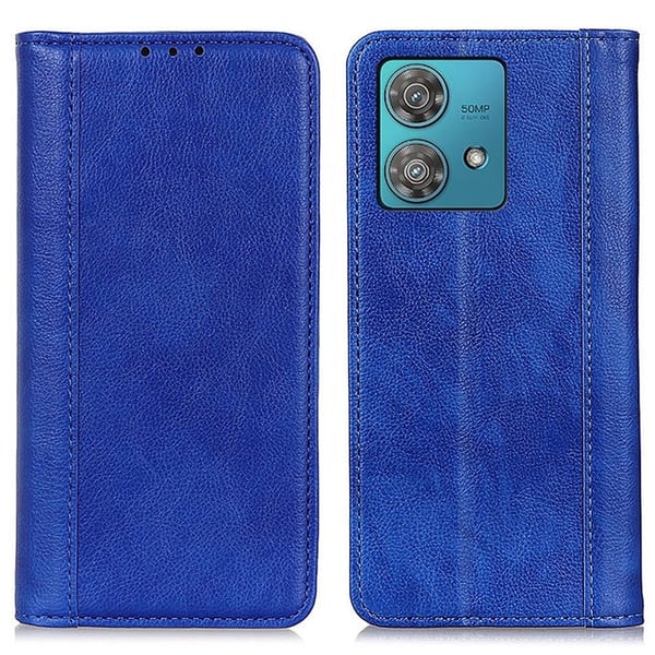 Ekte lærdeksel med magnetisk lukking for Motorola Moto G84 - Blå