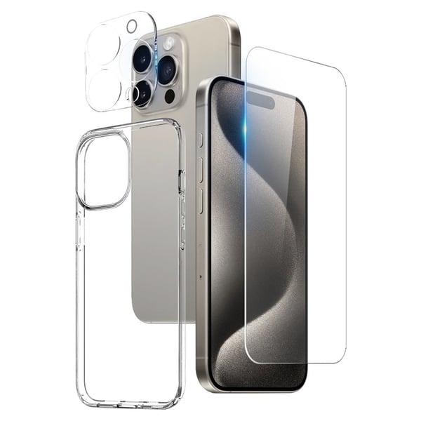 NORTHJO 3-i-1 krystallklart etui med skjermbeskytter i herdet glass og kameralinsefilm for iPhone 15 Pro Max