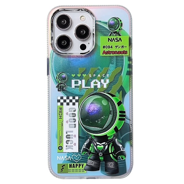 Fluorescerende laser-astronautmønster iPhone 15 Pro-etui - Spill