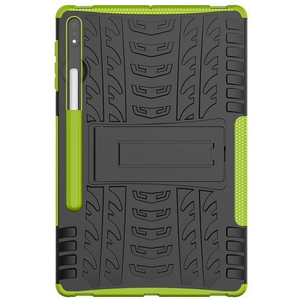 Green tire pattern kickstand case for Samsung Galaxy Tab S9 Plus, Tab S7 Plus, Tab S7 FE, and S8 Plus