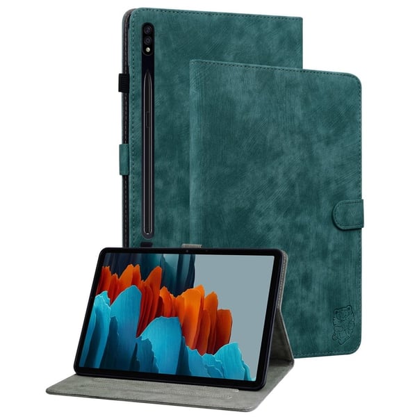 Samsung Galaxy Tab S9 Plus lærveske med søtt tigermønster og kortholderstativ - Grønn Samsung Galaxy Tab S9 Plus lærveske med søtt tigermønster og kortholderstativ - Grønn